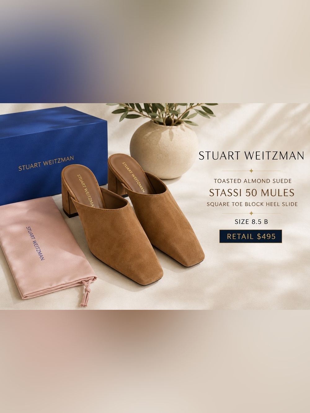 Stuart Weitzman Suede Stassi 50 Mules Square Toe  in Toasted Almond 8.5B NIB